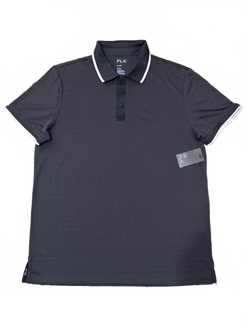 FLX Men's Large Black Polyester Polo Shirt with White Trim